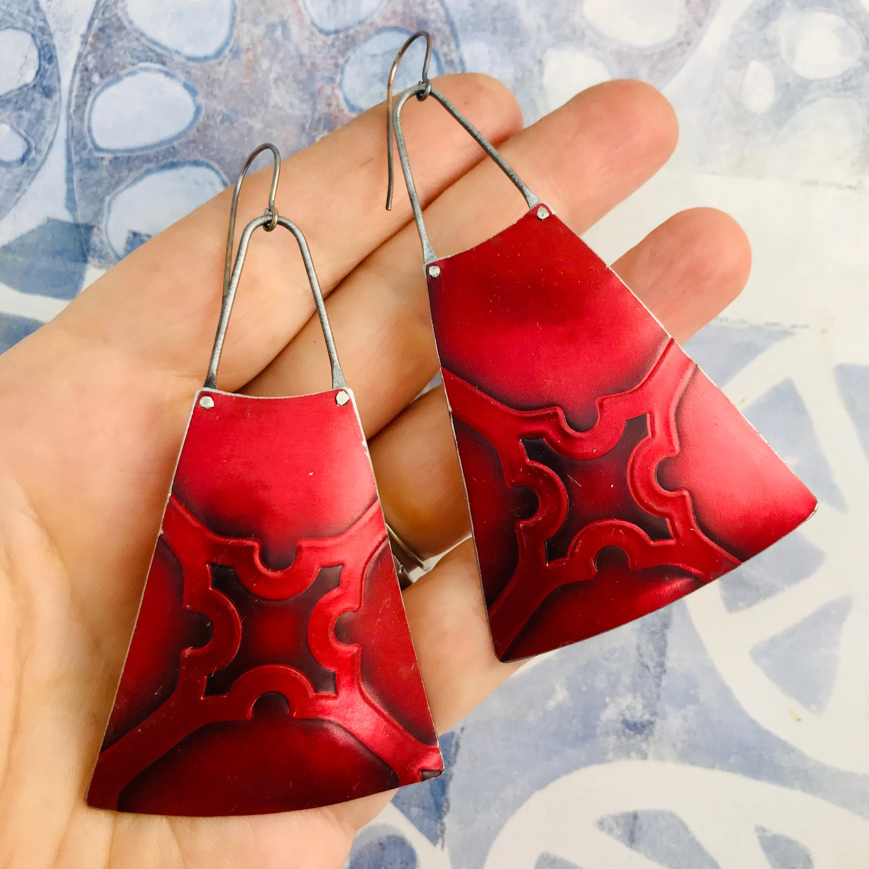 Rich Red Embossed Upcycled Tin Long Fans Earrings