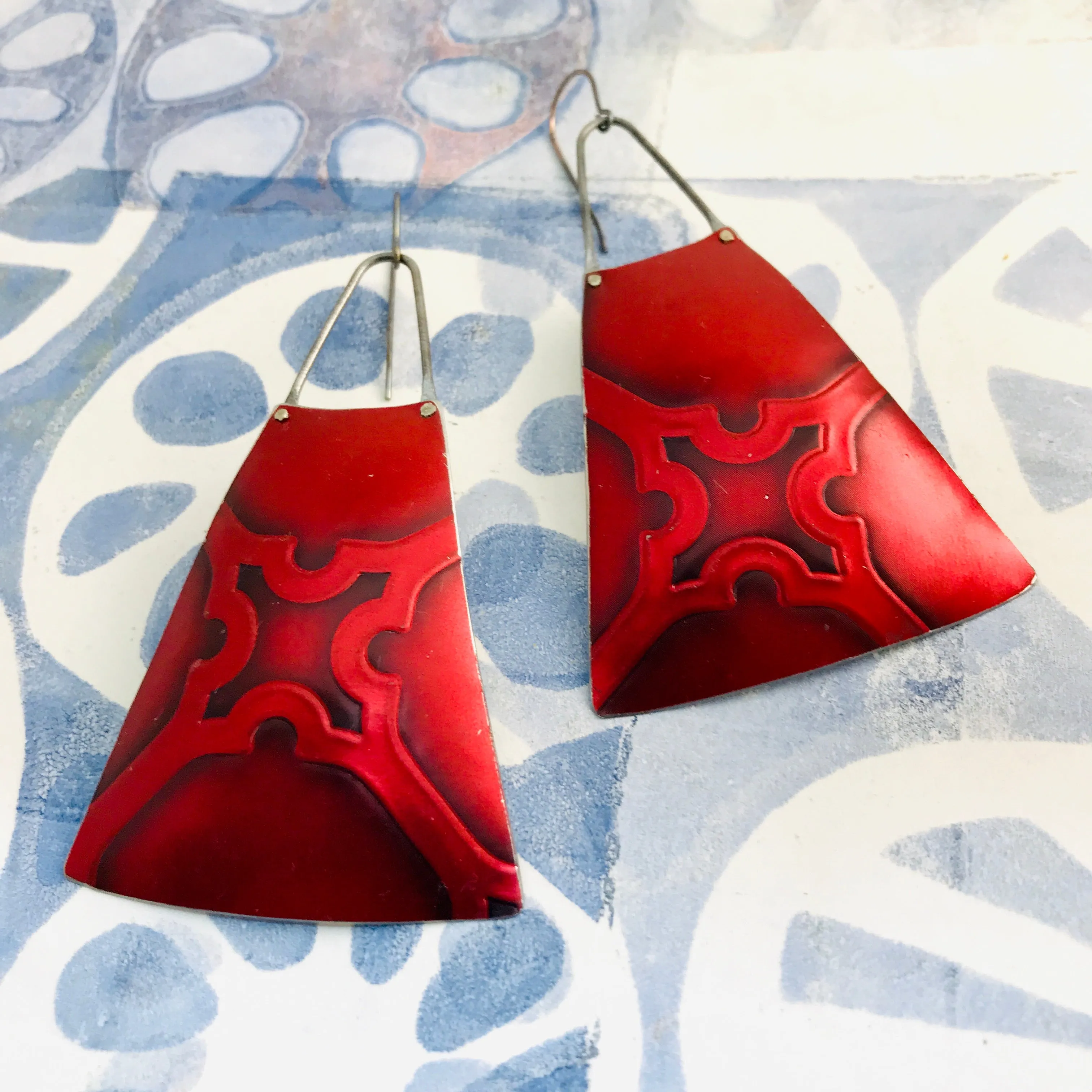 Rich Red Embossed Upcycled Tin Long Fans Earrings