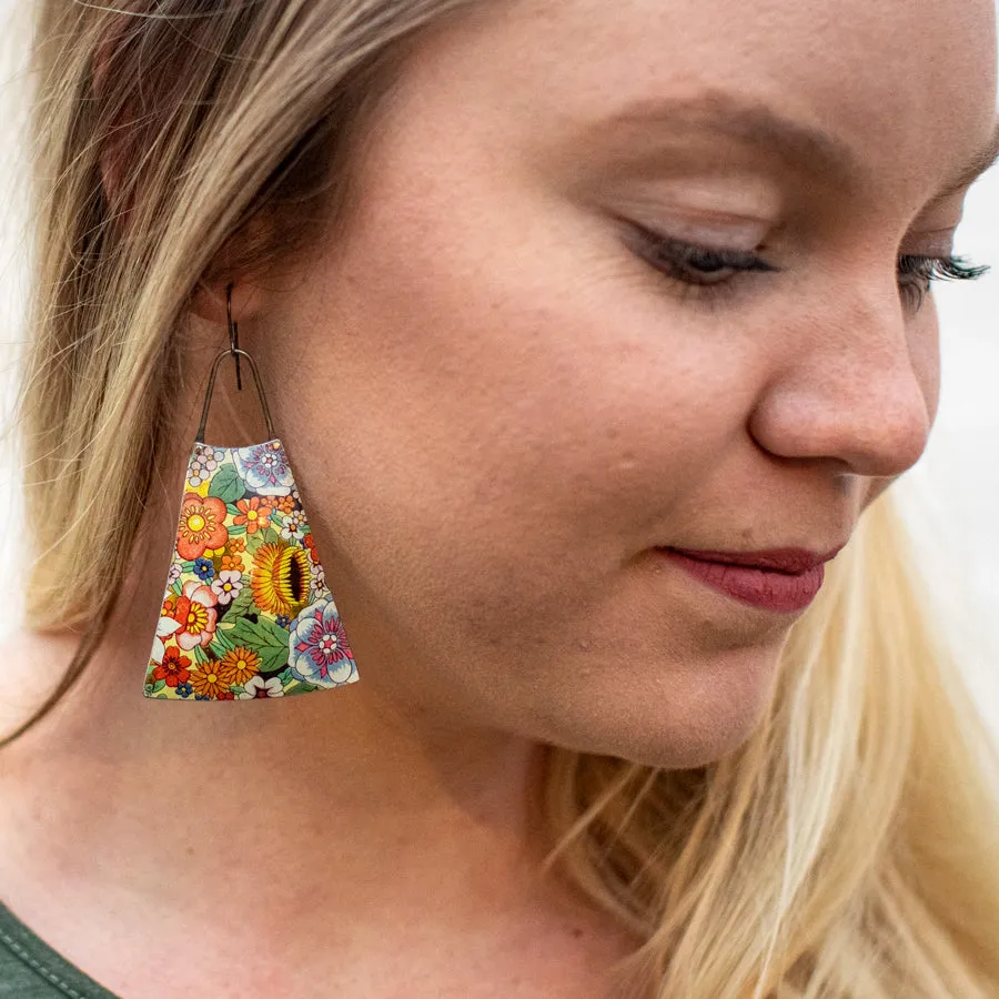 Rich Red Embossed Upcycled Tin Long Fans Earrings