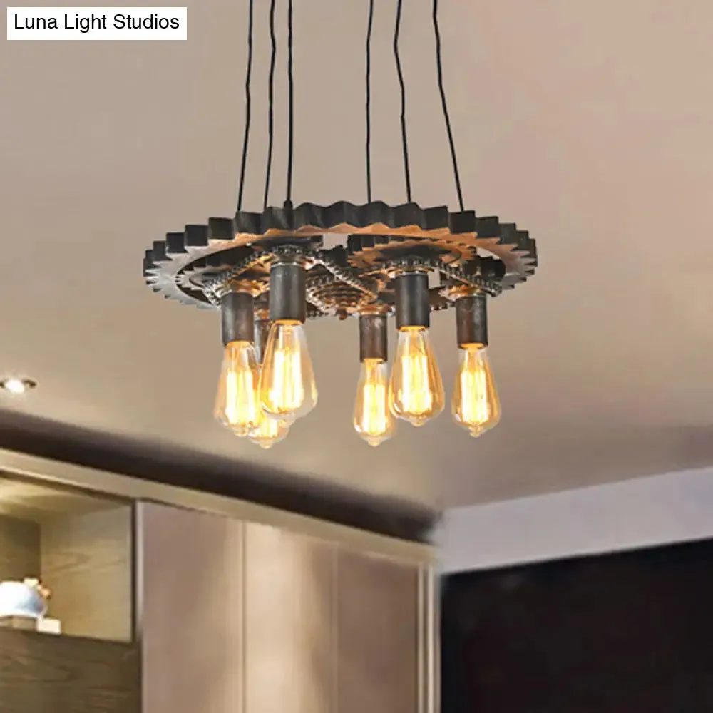 Rustic Metal Gear Shaped Chandelier Pendant Light - Farmhouse 6 Lights - Adjustable Ceiling Fixture for Dining Room - Industrial Décor