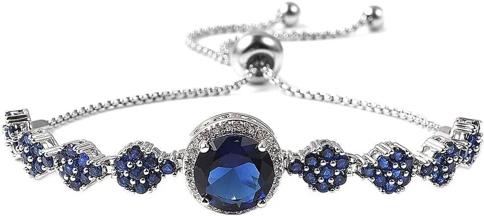 SHOP LC Blue Sapphire Bracelets for Women White Cubic Zirconia CZ Platinum Plated Blue Gemstone Bolo Adjustable Fashion Jewelry Stainless Steel Royal Gifts