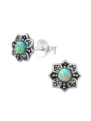 Silver Flower Stud Earrings - Opal Moon Yellow Oxidized