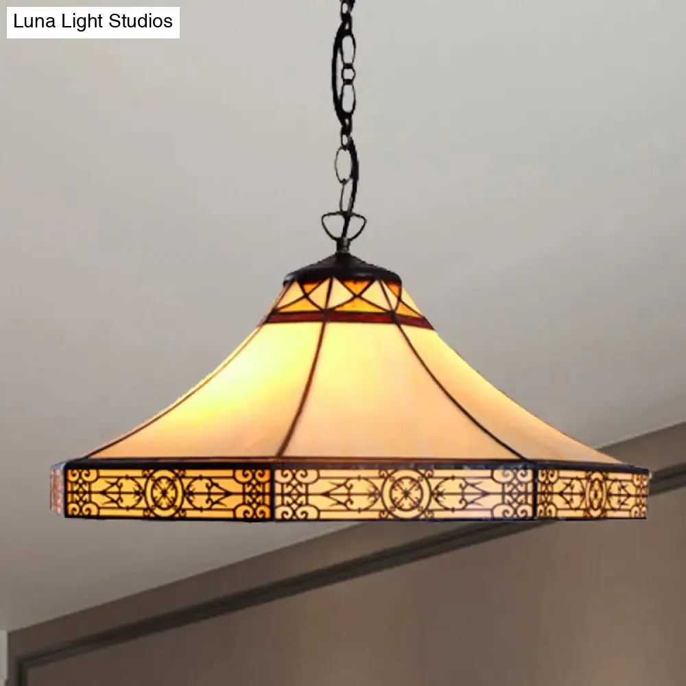 Single Bulb Stained Glass Tiffany-Style Cone Pendant Light in Beige for Living Room