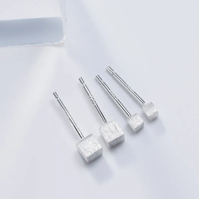 Small Brushed Cube Silver Stud Earrings for Women