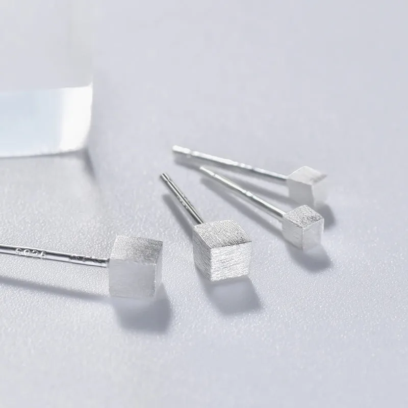 Small Brushed Cube Silver Stud Earrings for Women