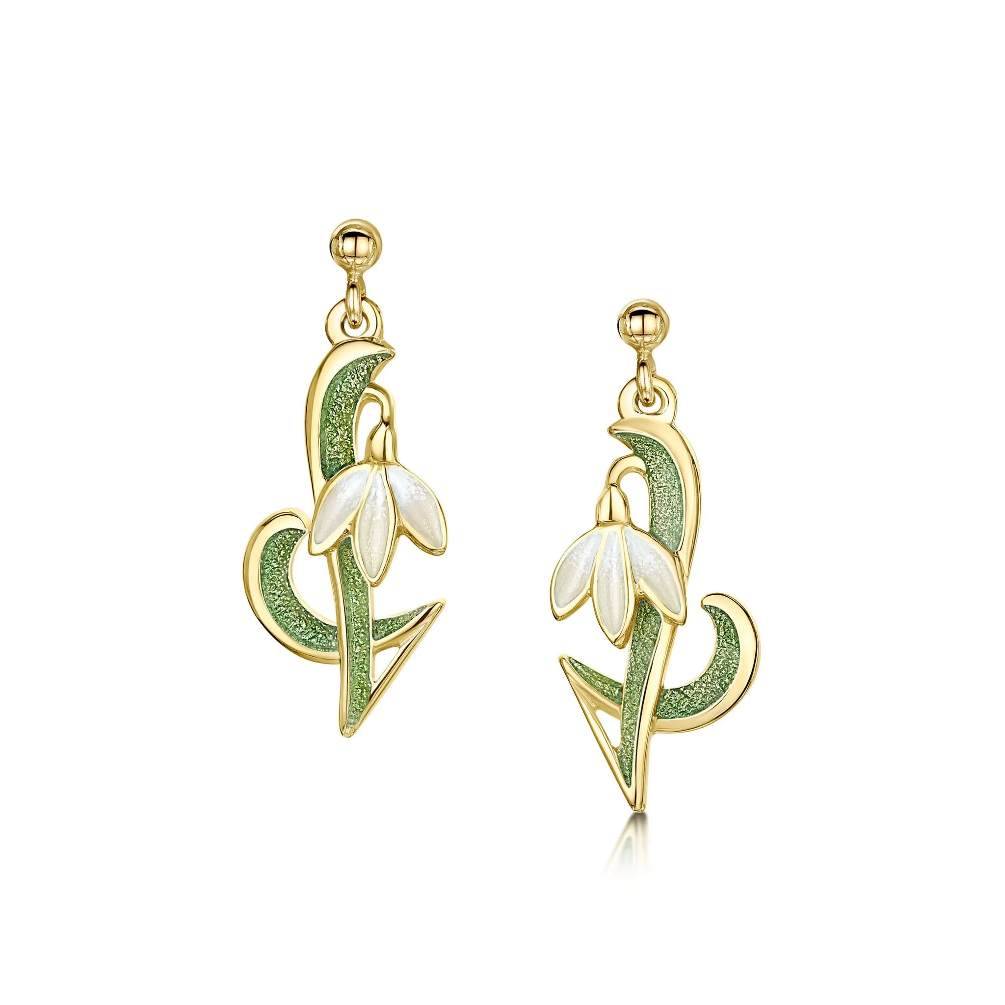 Snowdrop 18ct Yellow Gold Drop Earrings in Opal White Enamel