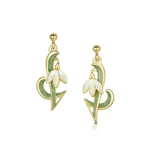 Snowdrop 18ct Yellow Gold Drop Earrings in Opal White Enamel