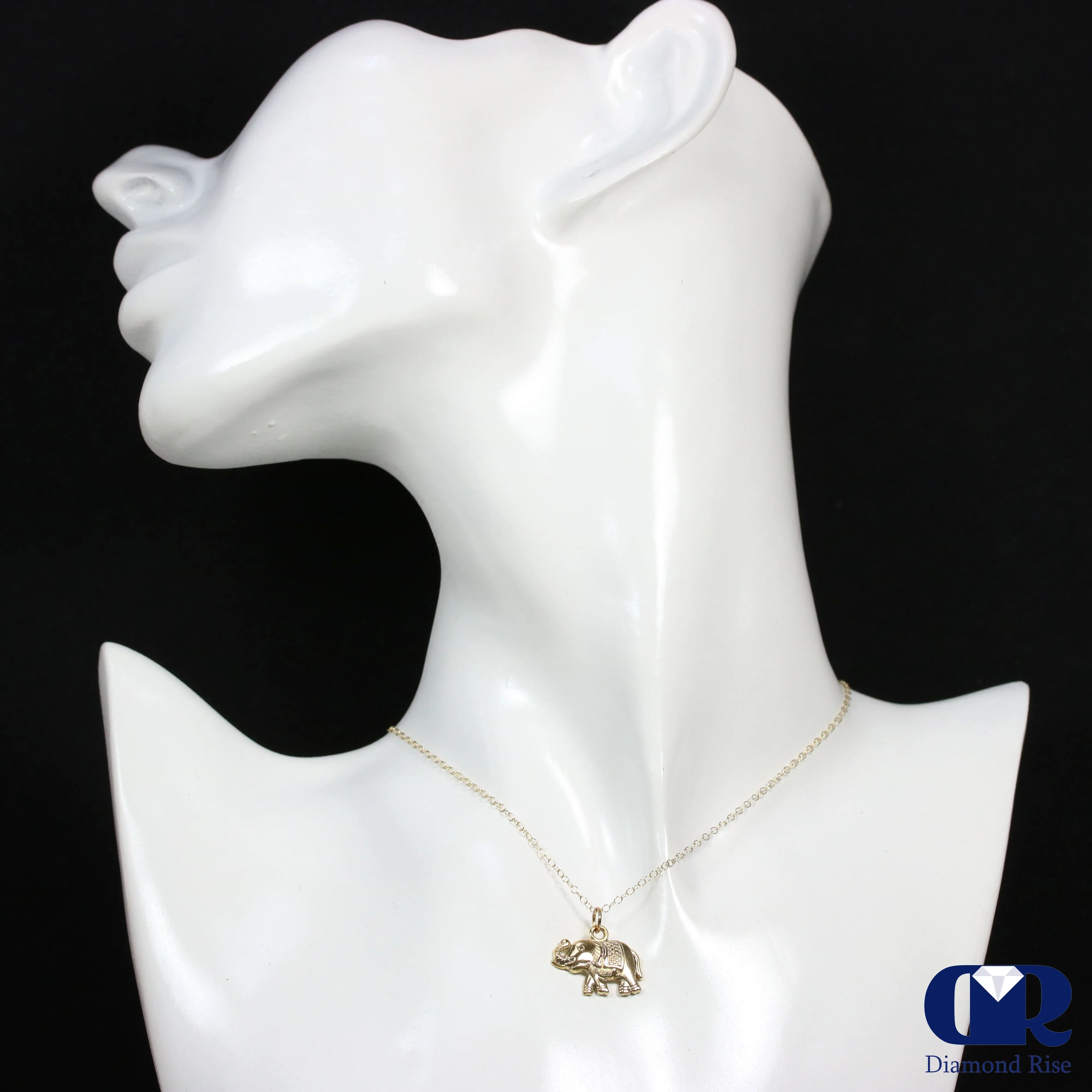 Solid 14K Yellow Gold Elephant Pendant Necklace With 16" Chain