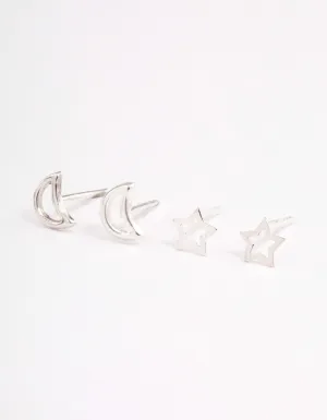 Sterling Silver Cut Out Moon & Star Earring Pack