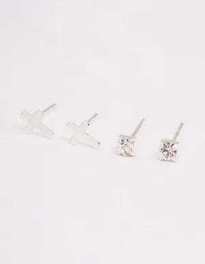 Sterling Silver Diamante Stud & Cross Earring Pack