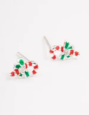 Sterling Silver Red Candy Cane Stud Earrings
