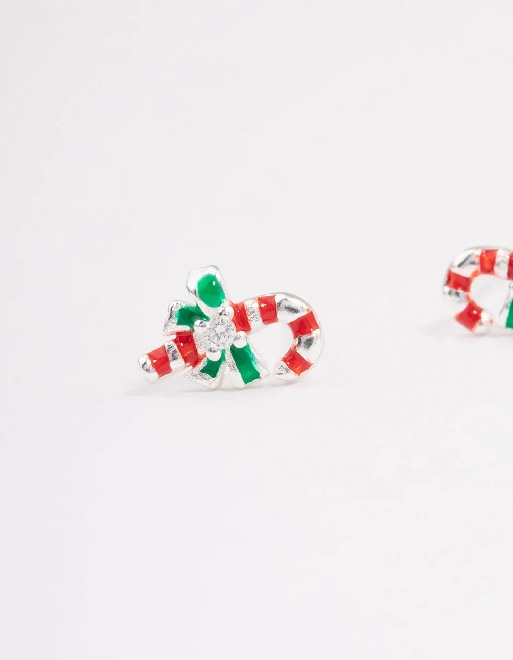 Sterling Silver Red Candy Cane Stud Earrings