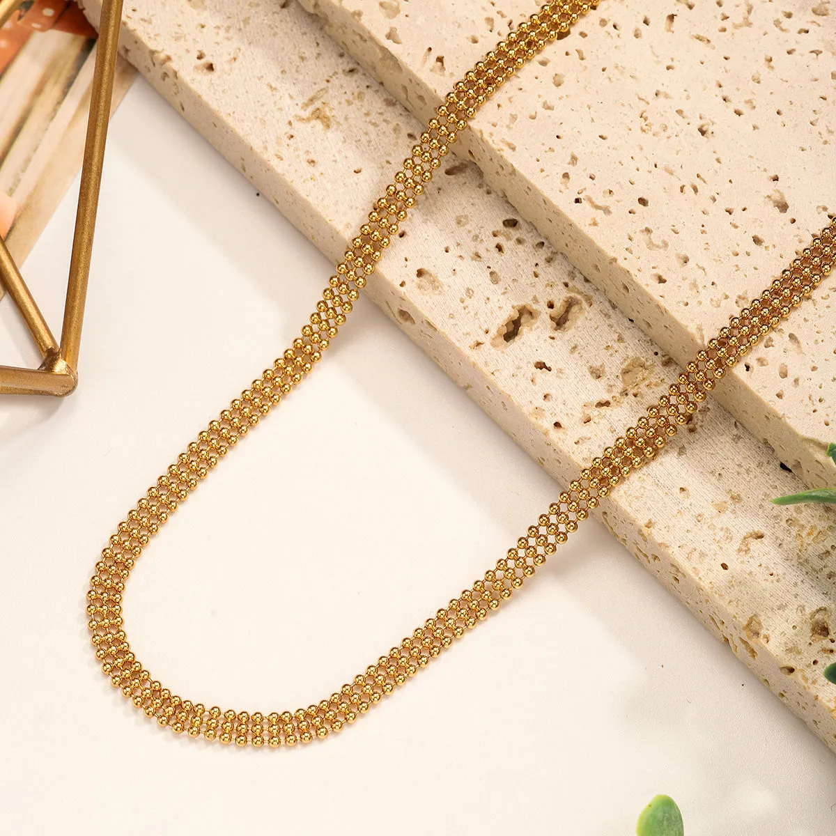 Three Columns Round Beads Link Chain Necklace