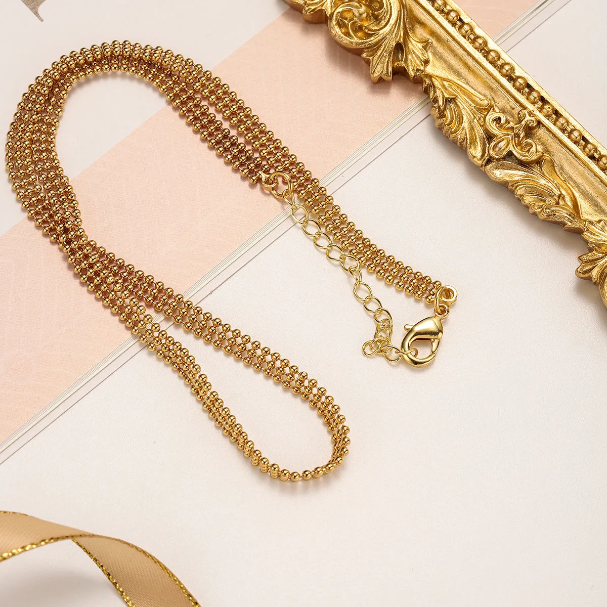 Three Columns Round Beads Link Chain Necklace