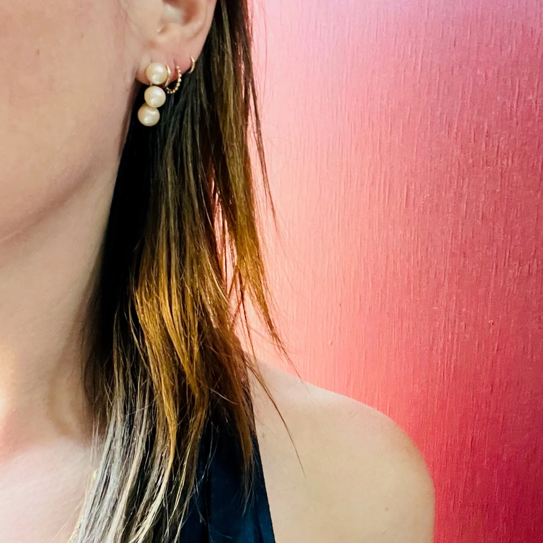 Three Pearl Half Hoop Earrings in White Gold