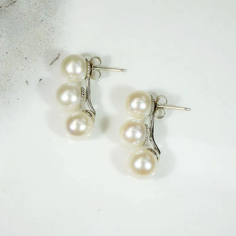Three Pearl Half Hoop Earrings in White Gold