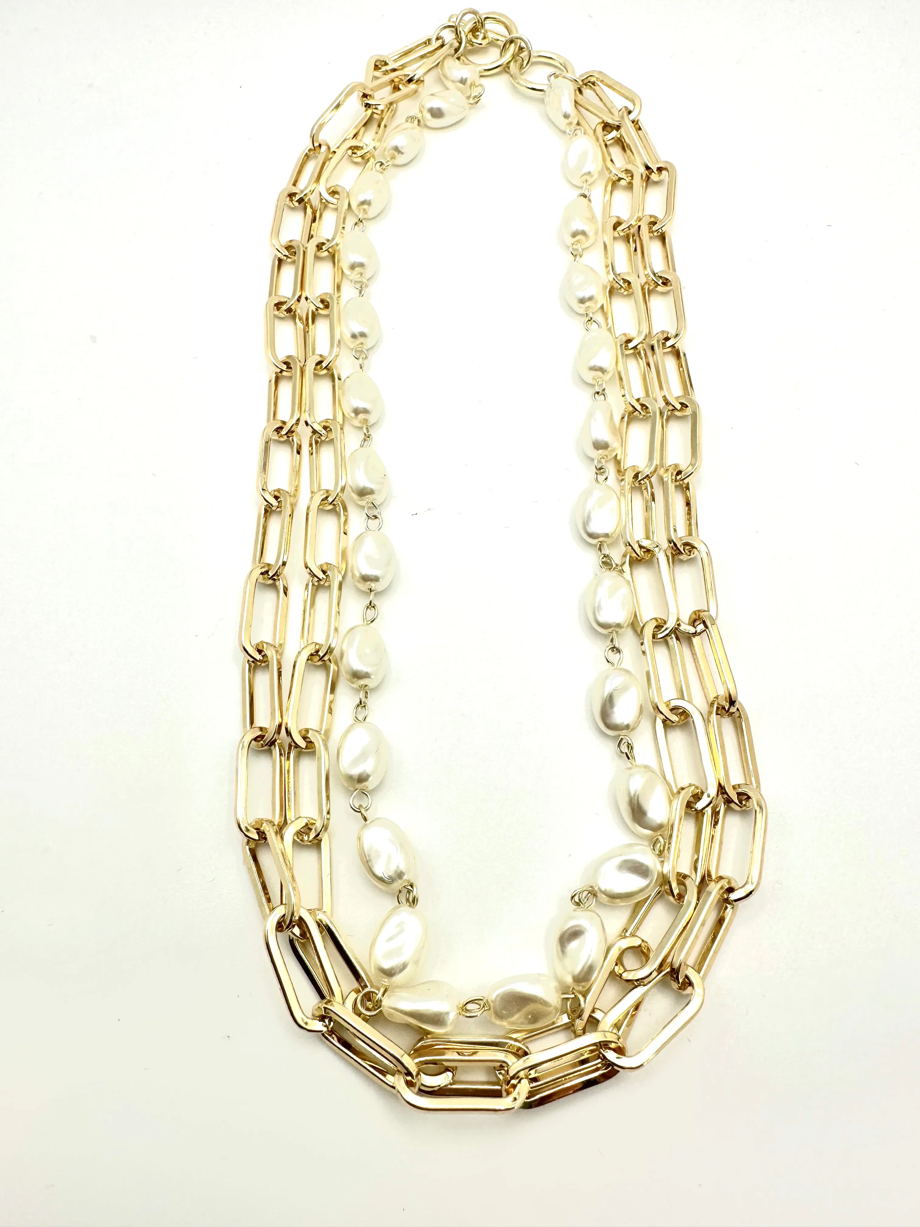 Triple Paperclip and Pearl Necklace