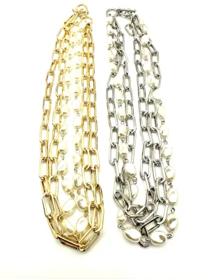 Triple Paperclip and Pearl Necklace