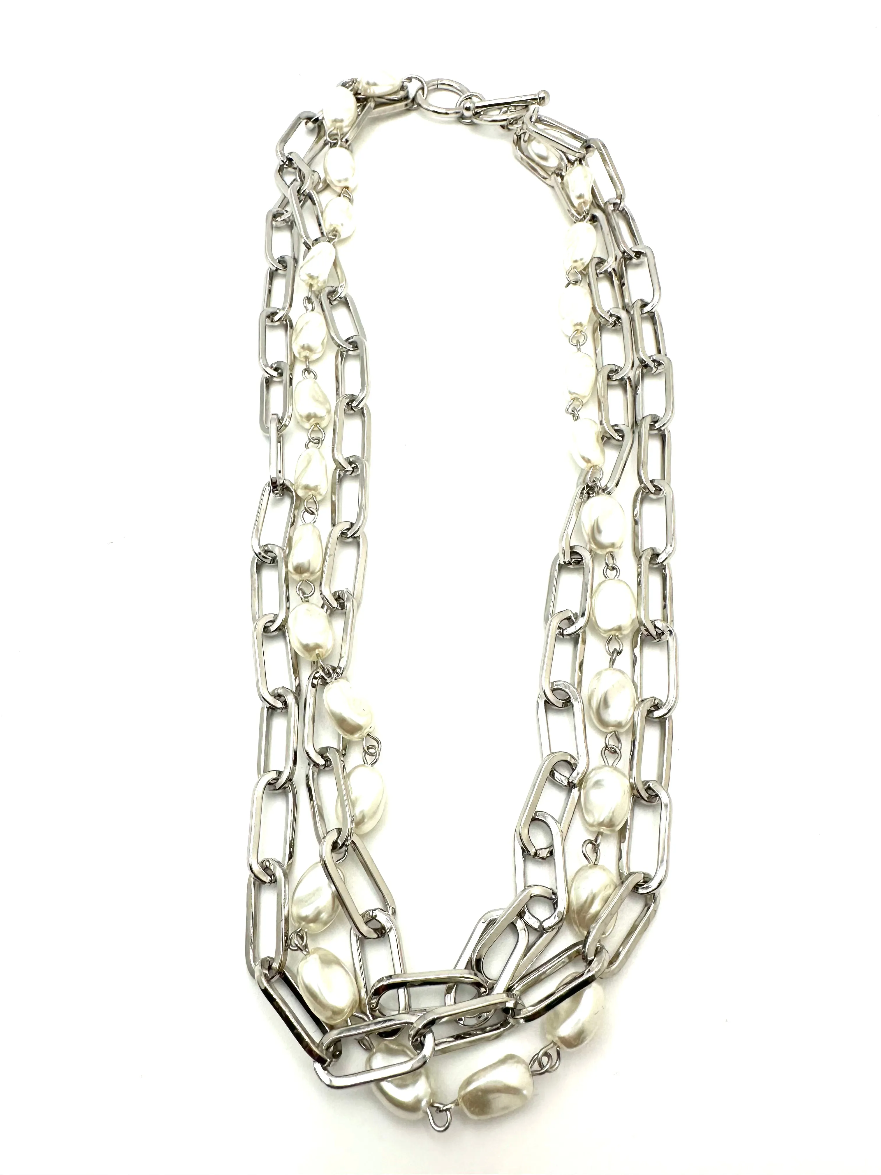 Triple Paperclip and Pearl Necklace