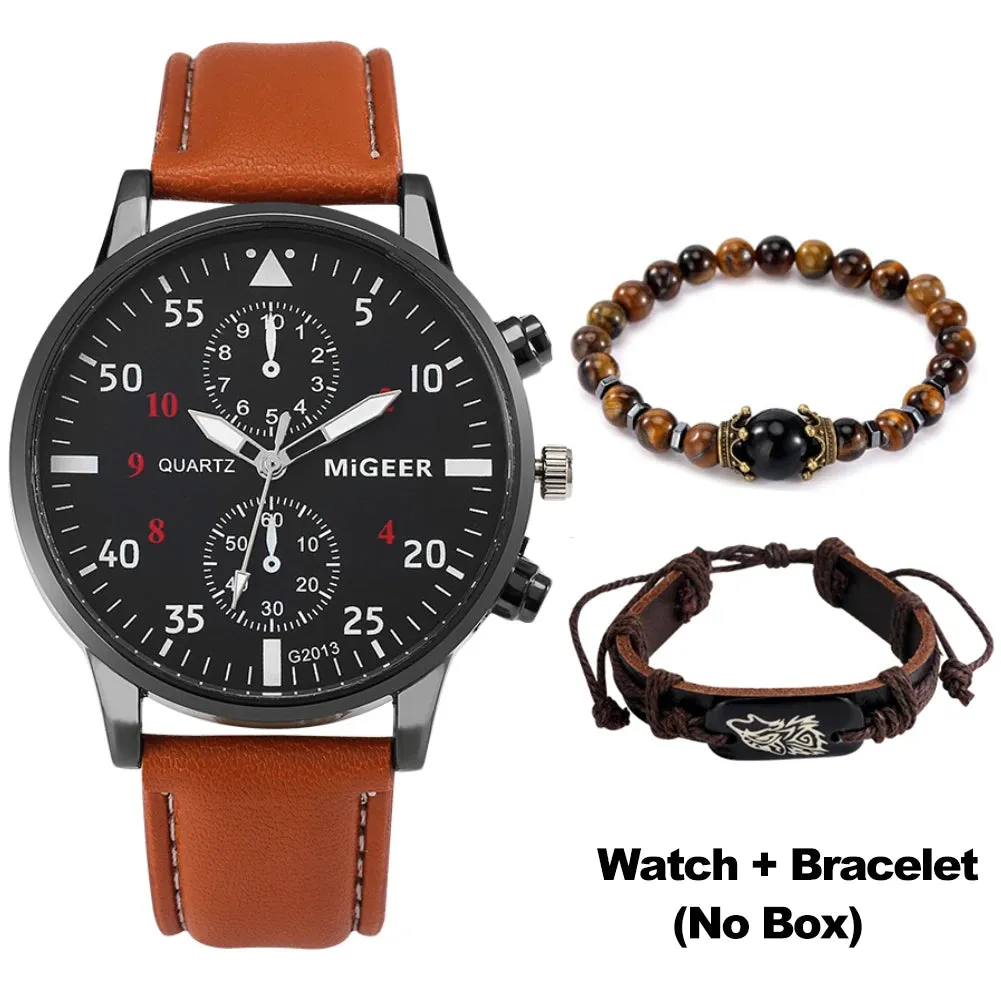 Ultimate Elegance: Luxury Brown Leather Quartz Wrist Watch with Bracelet Set for Men - Fashionable Business Style and Perfect Relogio Masculino Gift Set