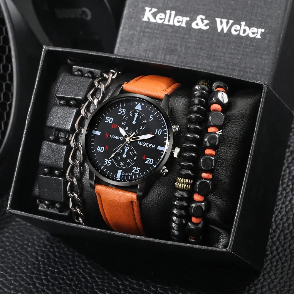 Ultimate Elegance: Luxury Brown Leather Quartz Wrist Watch with Bracelet Set for Men - Fashionable Business Style and Perfect Relogio Masculino Gift Set