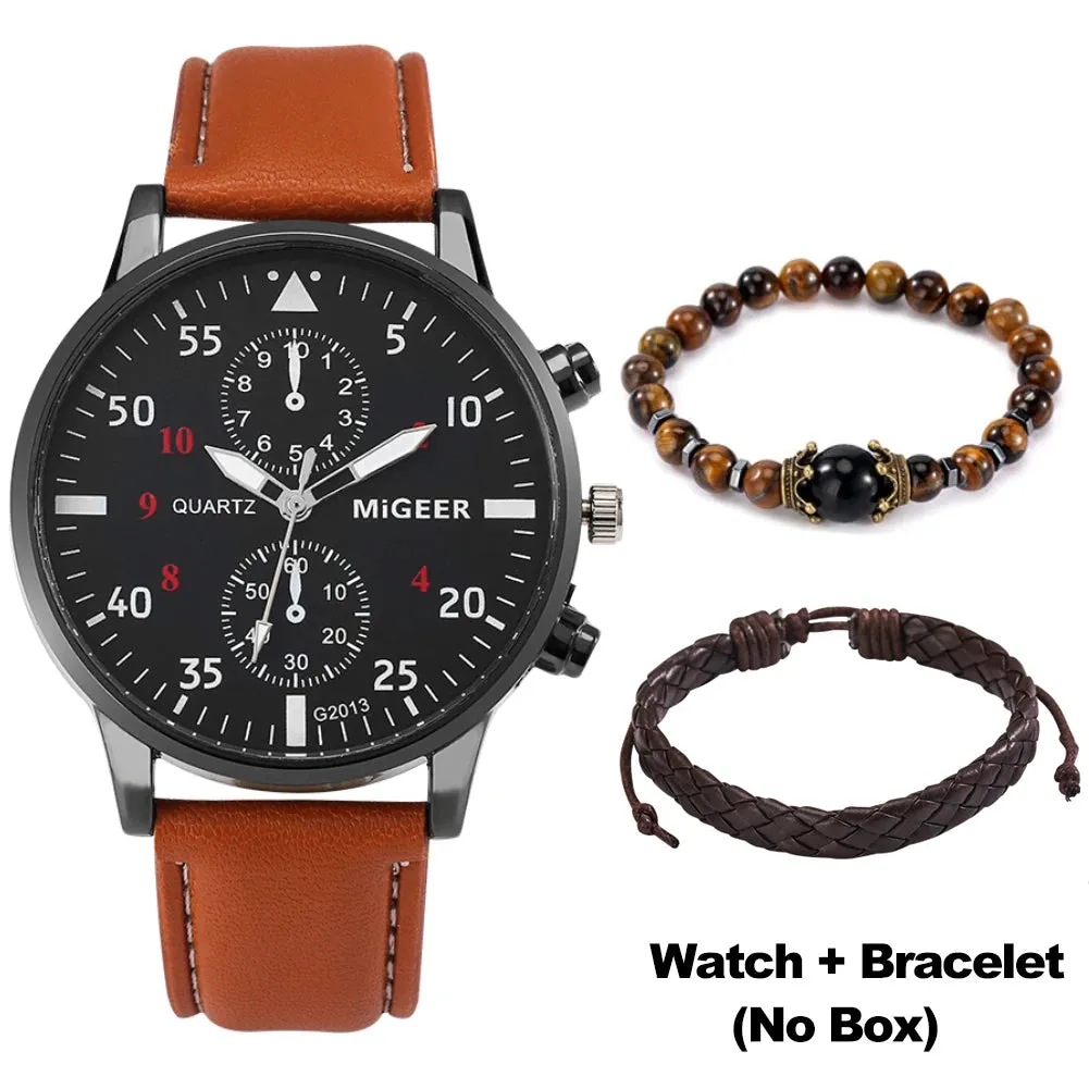 Ultimate Elegance: Luxury Brown Leather Quartz Wrist Watch with Bracelet Set for Men - Fashionable Business Style and Perfect Relogio Masculino Gift Set