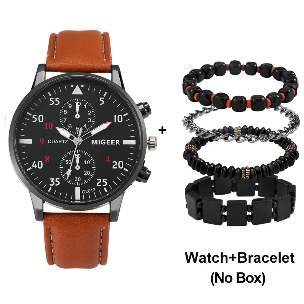 Ultimate Elegance: Luxury Brown Leather Quartz Wrist Watch with Bracelet Set for Men - Fashionable Business Style and Perfect Relogio Masculino Gift Set
