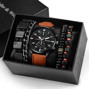 Ultimate Elegance: Luxury Brown Leather Quartz Wrist Watch with Bracelet Set for Men - Fashionable Business Style and Perfect Relogio Masculino Gift Set