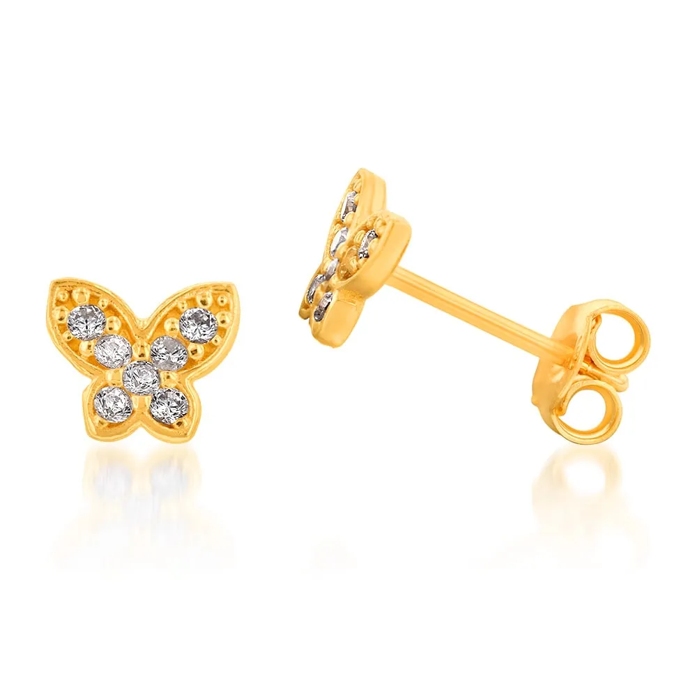Yellow Gold Plated Sterling Silver Cubic Zirconia On Butterfly On Stud Earrings